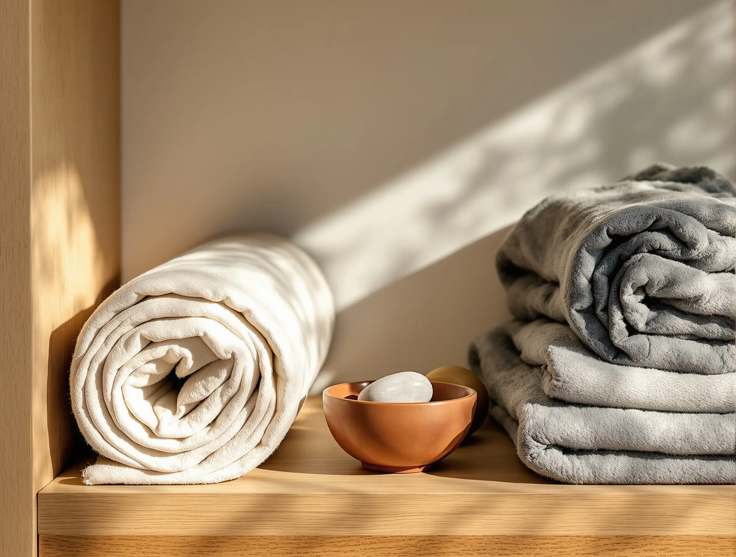 Still life of rehab tools on an oak shelf, rolled linen towel, wooden foam roller, terracotta bowl
