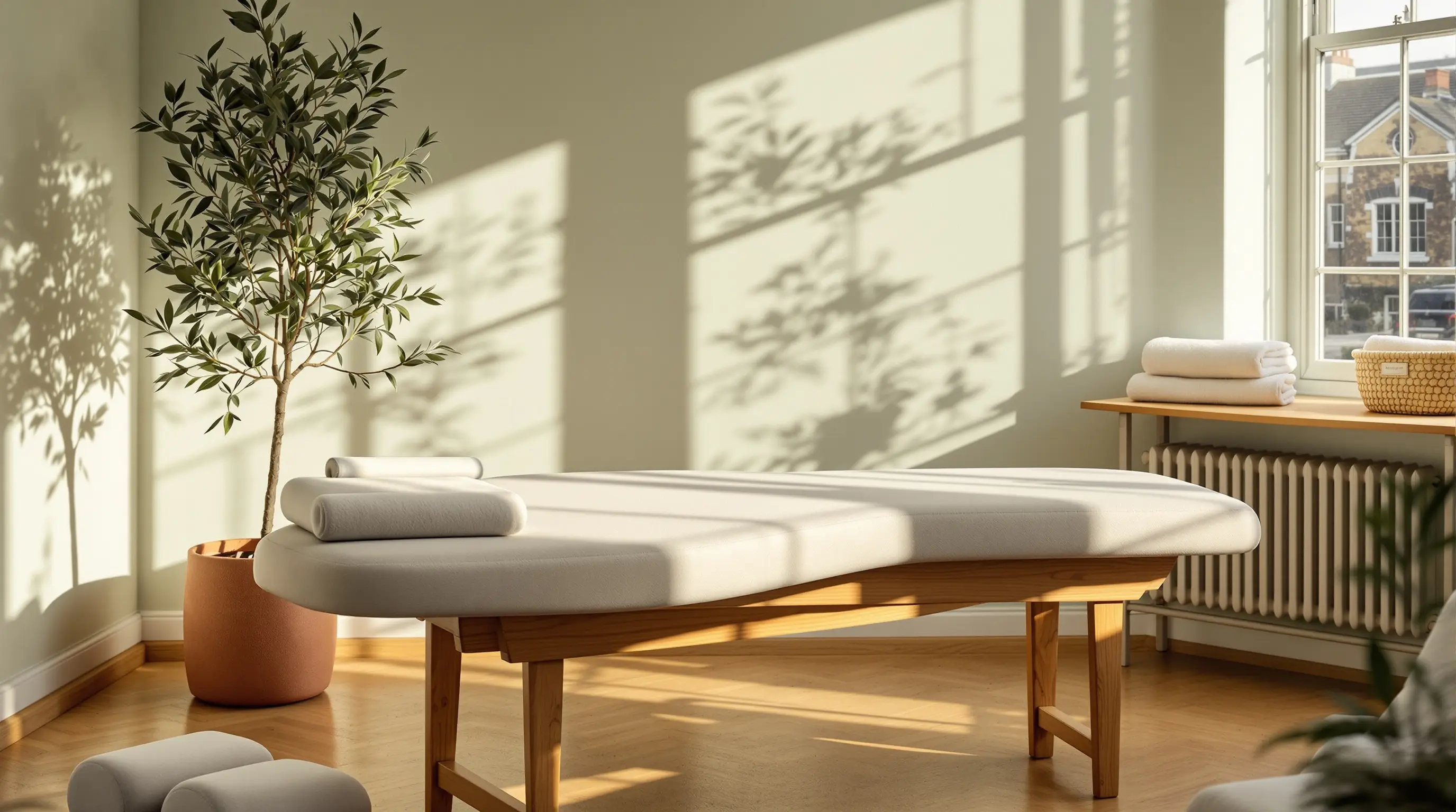 Kestrel Physio, calm treatment room, sage walls, oak floor, linen-upholstered table