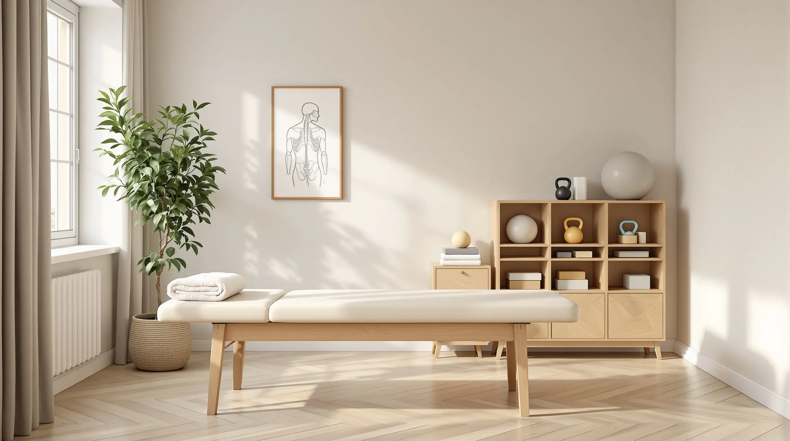 Kestrel Physio, calm treatment room, sage walls, oak floor, linen-upholstered table