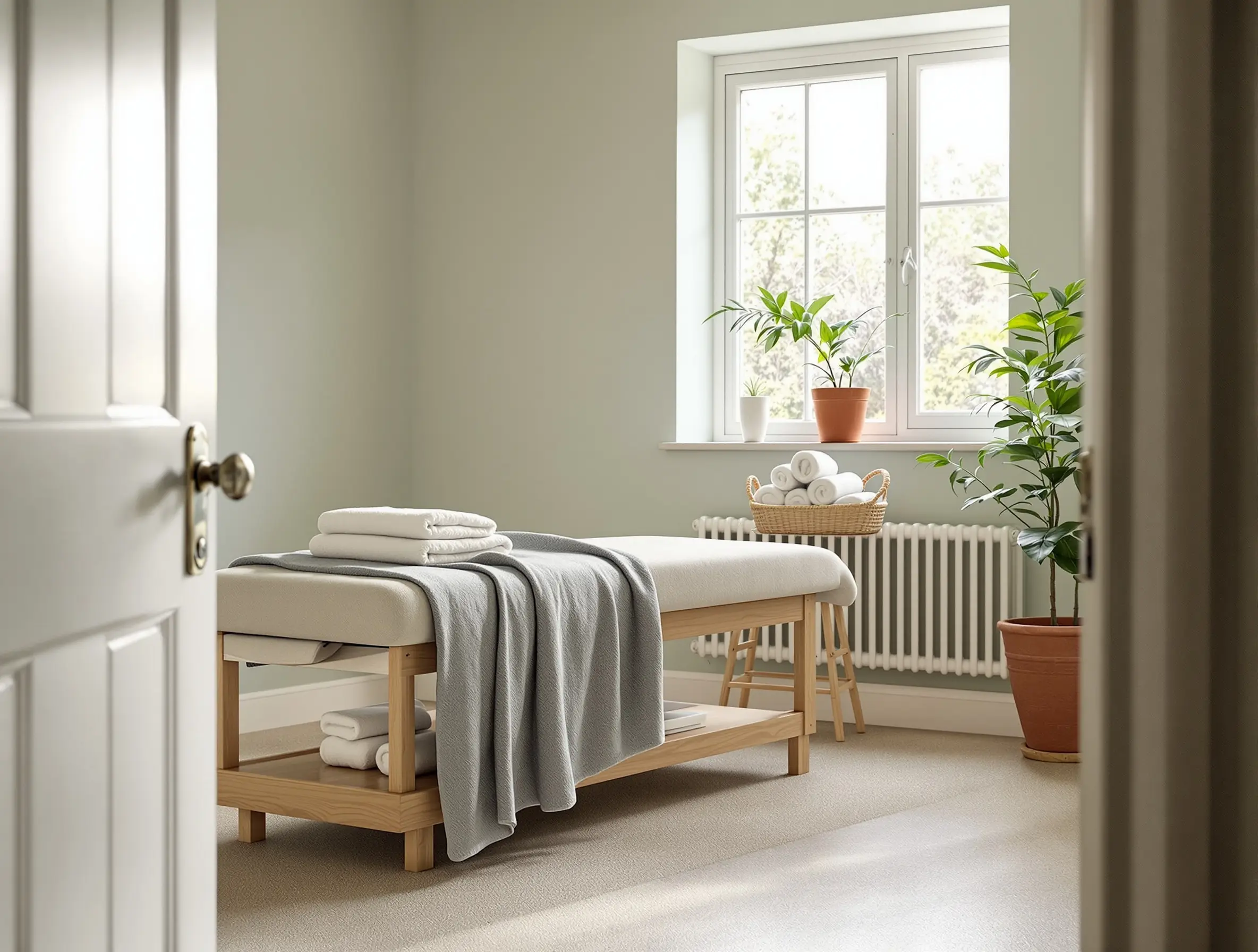 Treatment room interior, sage plaster walls, oak floor, linen-upholstered bench