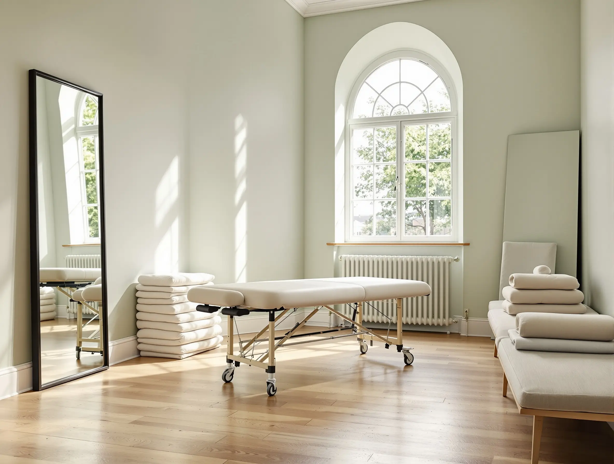 Rehab studio, oak floor, sage walls, linen-covered tables, soft afternoon light